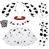 WGOCAUK 8 PCS Dalmatian Ears Headband Tail Velvet Choker Polka Dots Tutu Gloves Tights for 101 Days of School Dress Up