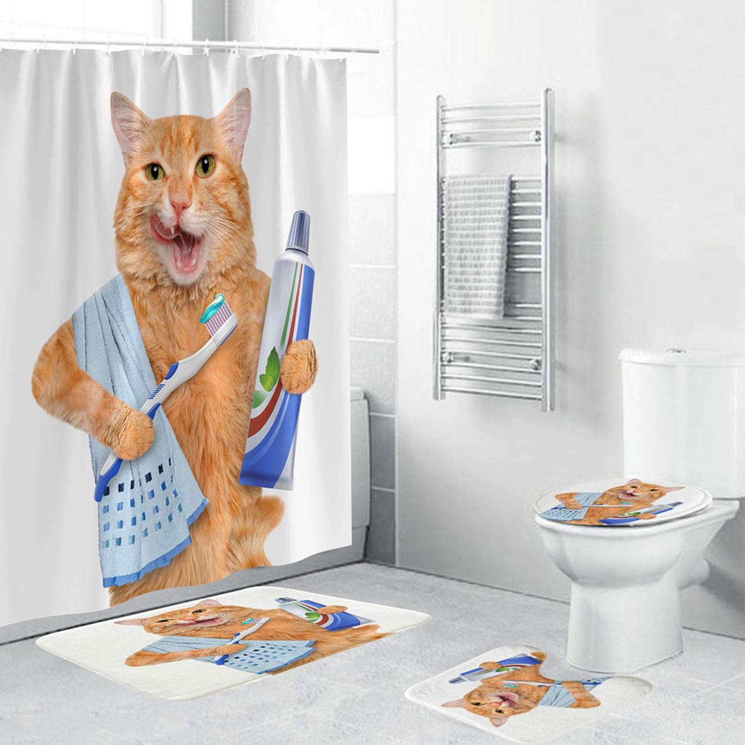 Shower Curtain Sets with NonSlip Rugs, Toilet Lid Cover and Bath Mat