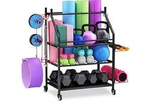 KETEN Yoga Mat Storage Racks, Home Gym Storage Rack for Dumbbells Kettlebells and Yoga Mat, Workout Equipment Rack with Wheels and Hooks, Perfect for Home, Gym, Garage