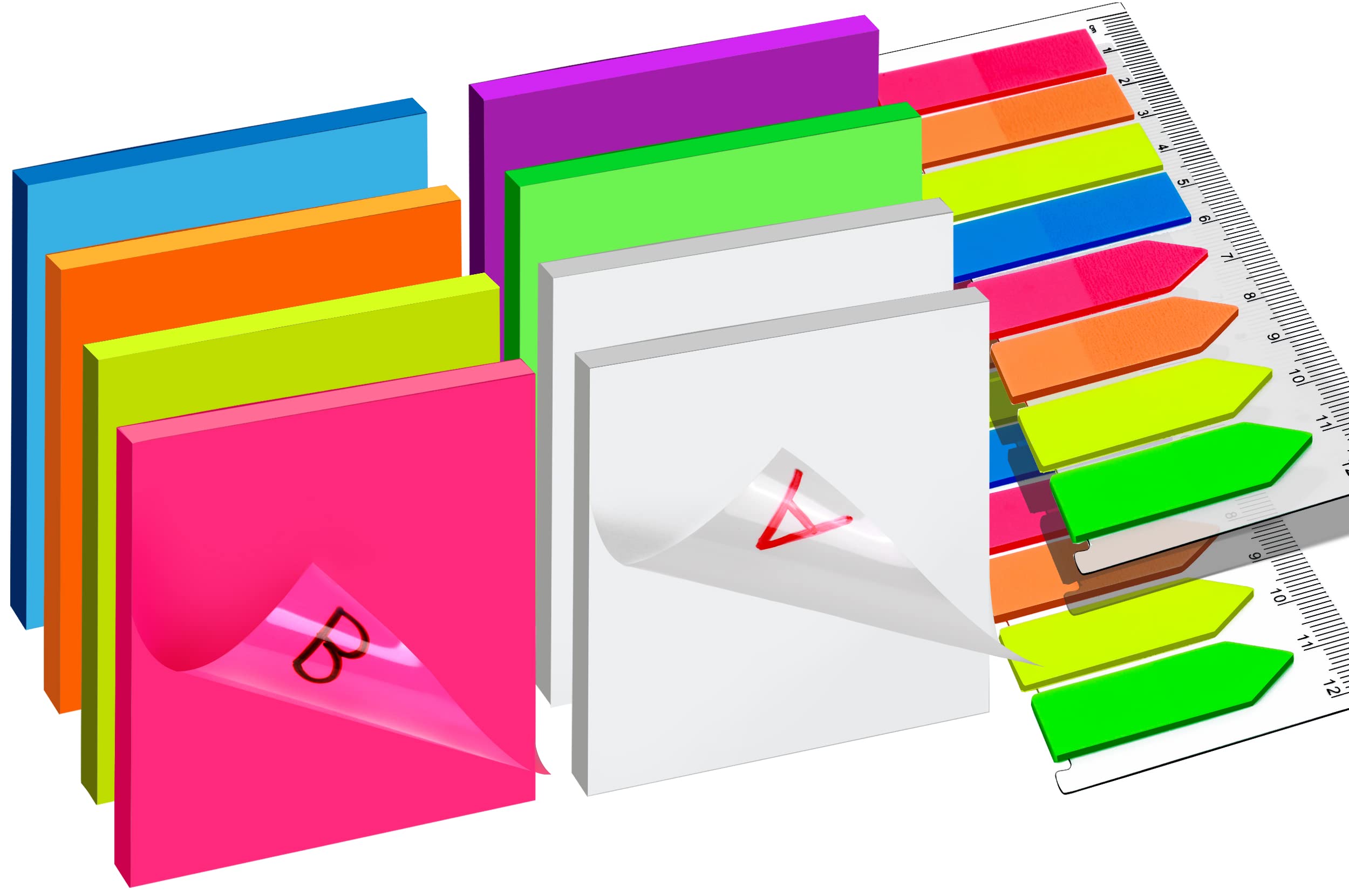 LEOBRO 720PCS Transparent Sticky Notes, Transparent Self-Stick Note Pads 75×75mm 2pads, 6 Color 6 Pads Translucent Sticky Notes, Sticky Notes Flags 320PCS, Clear Sticky Notes for Annotating, Writing