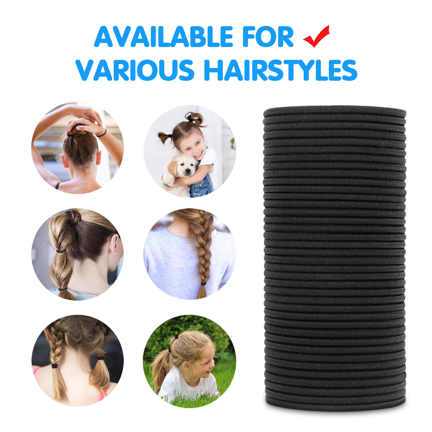 Black elastic hair ties variety pack 230, rubber bands assorted size 4 MM hair ties for women thick hair thin no metal pony tail holders for girls soft hair ties stretchy rubber bands for hair (4MM, BLACK) : Beauty