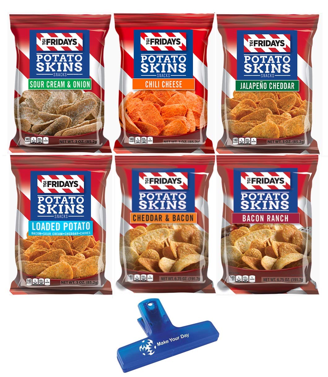Amazon Com Tgi Fridays Potato Skins Snacks Sour Cream Onion Chili Cheese Jalapeno Cheddar Loaded Potato Cheddar Bacon And Bacon Ranch One 3 Oz Bag Of Each 6 Pack With