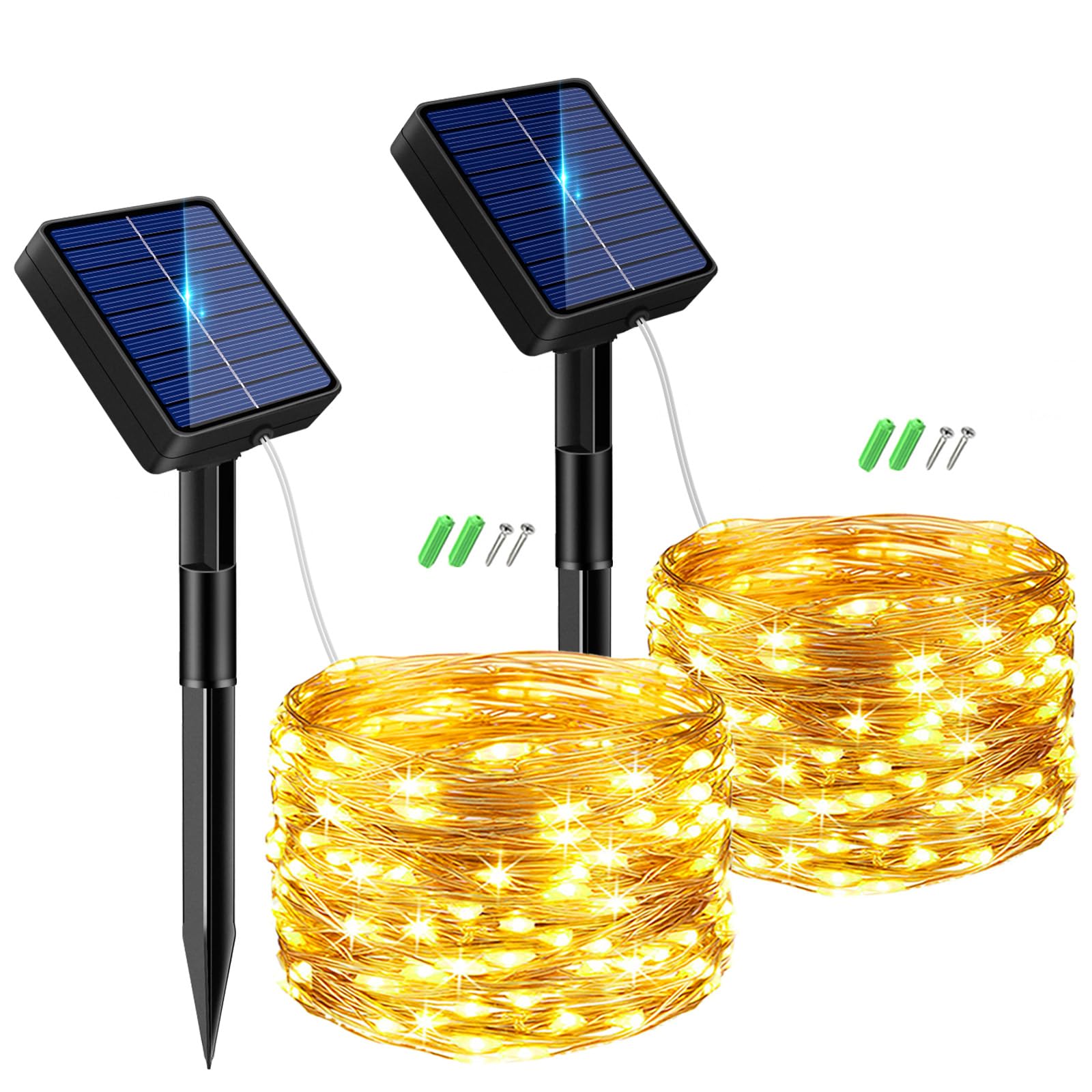 btfarm 2 Pack Solar String Lights Outdoor Garden, Total 12M 120 LED Fairy Lights Solar Powered 8 Modes, Copper Wire Solar Lights for Decorating Garden, Yard, Tree, Christmas, Warm White