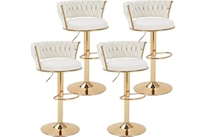 VECELO Bar Stools Set of 4, Modern Luxury Velvet Woven Counter Height Stools with Back and Arm, Gold Metal Leg & Base, 360 Swivel Bar Chair for Pubs Dining Room, White
