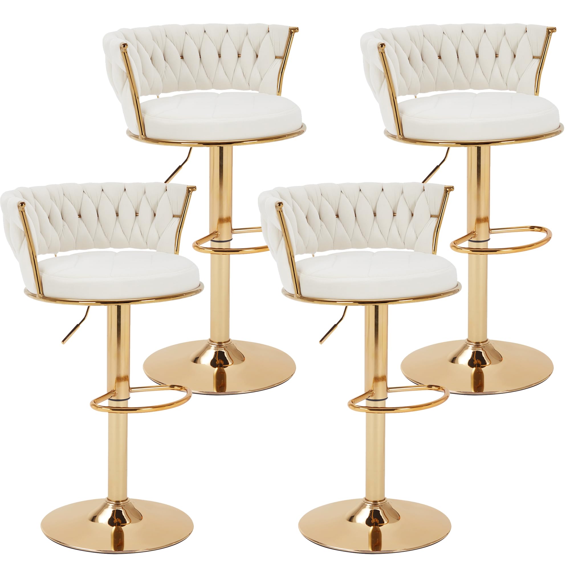 Photo 1 of ****** PARTIAL SET *******
VECELO Bar Stools Set of 4, Modern Luxury Velvet Woven Counter Height Stools with Back and Arm, Gold Metal Leg & Base, 360 Swivel Bar Chair for Pubs Dining Room, White ** PARTIAL SET ** BOX 1/2 **   