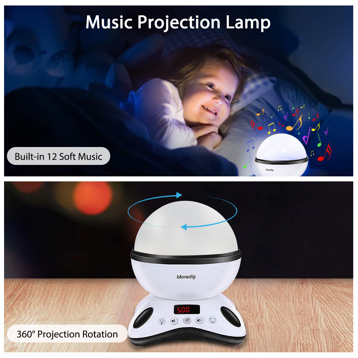 Moredig Night Light Projector Remote Control and Timer Design Projection lamp, Built-in 12 Light Songs 360 Degree Rotating 8 Colorful Lights for Children Kids Birthday, Parties - Black White: Baby