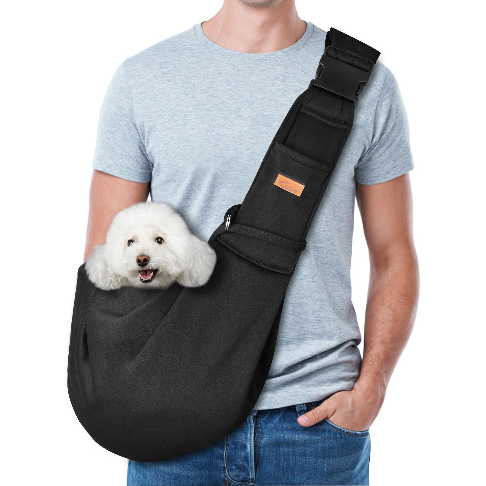 Photo 1 of CUBY Dog and Cat Sling Carrier, Hand-Free Dog Carrier Slings with Adjustable Straps Pocker, Puppy Slings Carrier for Small Dogs Cats Outdoor Travel Bag(Black, M-Adjustable Strap)