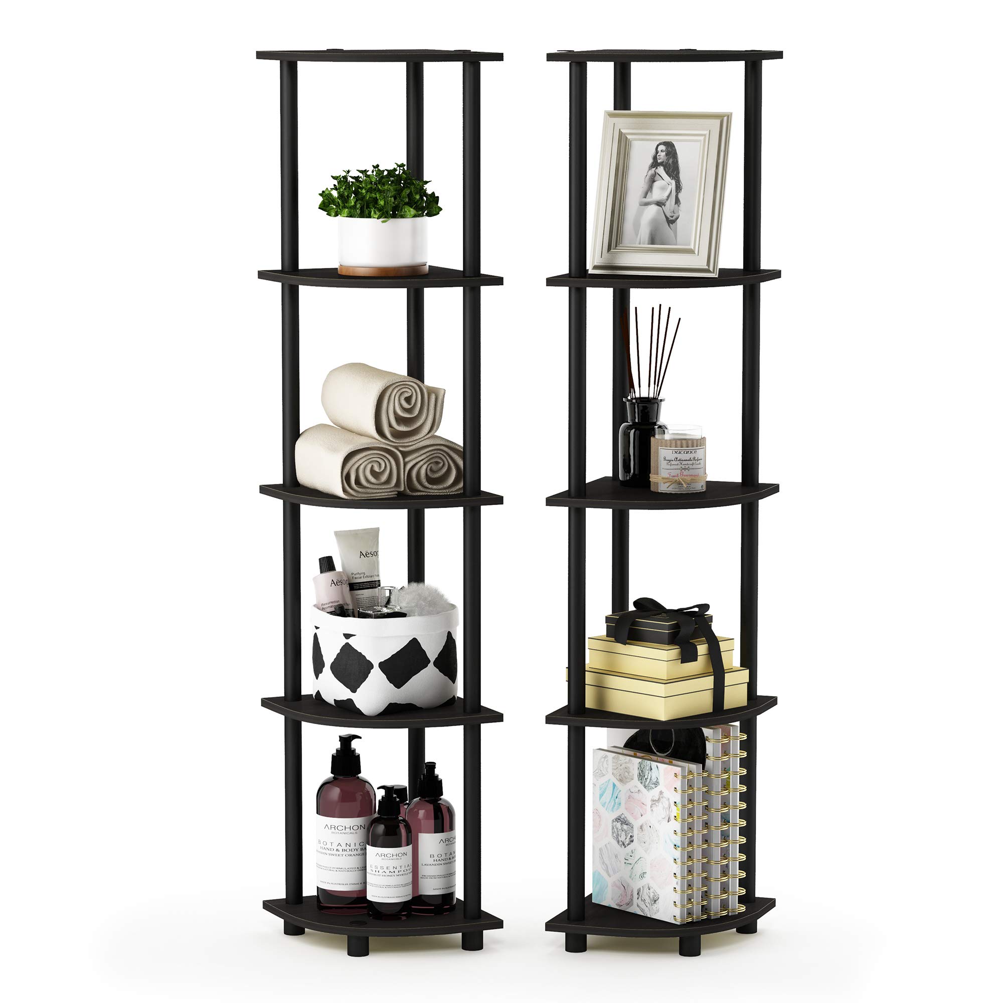 Furinno TURN-N-TUBE Corner Shelf Set of 2, 5-Tier Corner Bookshelf, Open Storage Shelves, for Organization and Storage, Living Room, Home Office, Garage, Espresso
