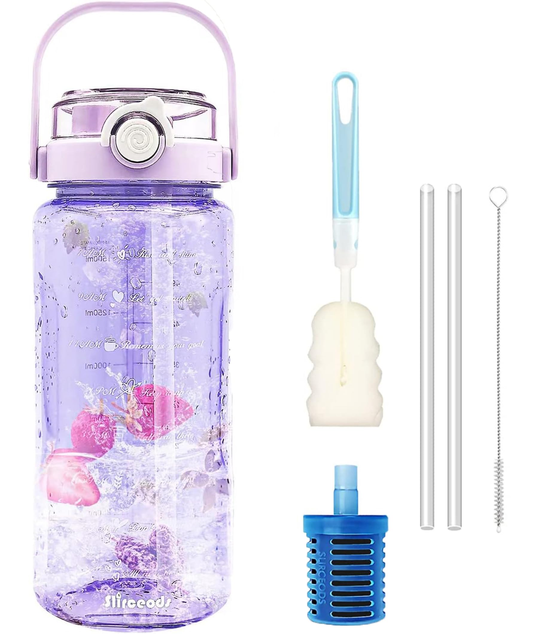 HOSECES 1.5L Water Bottle with One Filter 49oz,Fitness Hydration Water Bottles with Straw & Time Marker, Leak Proof Sports Water Jug with Handle -BPA Free-For Office & Outdoor Sports (Clear Purple)