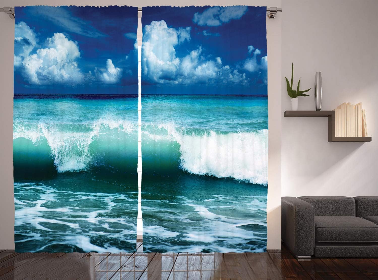 Ambesonne Ocean Curtains, Caribbean Sea Island Coast Seascape and Waves Water Splash Surfing Sports Theme Teal Waters Summer Print, Living Room Bedroom Window Drapes 2 Panel Set, 108
