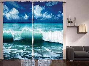 Ambesonne Ocean Curtains, Caribbean Sea Island Coast Seascape and Waves Water Splash Surfing Sports Theme Teal Waters Summer Print, Living Room Bedroom Window Drapes 2 Panel Set, 108