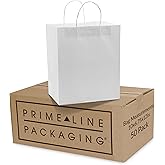 Prime Line Packaging White Paper Bags, Kraft Gift Bags with Handles for Small Business, Shopping, Take-out Goodies, Bistro, Boutique, Bulk, 10x6.75x12, 50 Pack