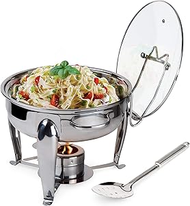 6 Quart Round Stainless Steel Chafing Dish with Bonus Slotted Spoon and Drip Tray for Lid