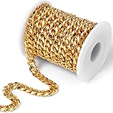 16.5 Feet Stainless Steel Cuban Chains Roll, 9mm Width 18K Gold Plated Diamond-Cut Miami Curb Link Chains Spool Bulk for Jewelry Meking & DIY Craft