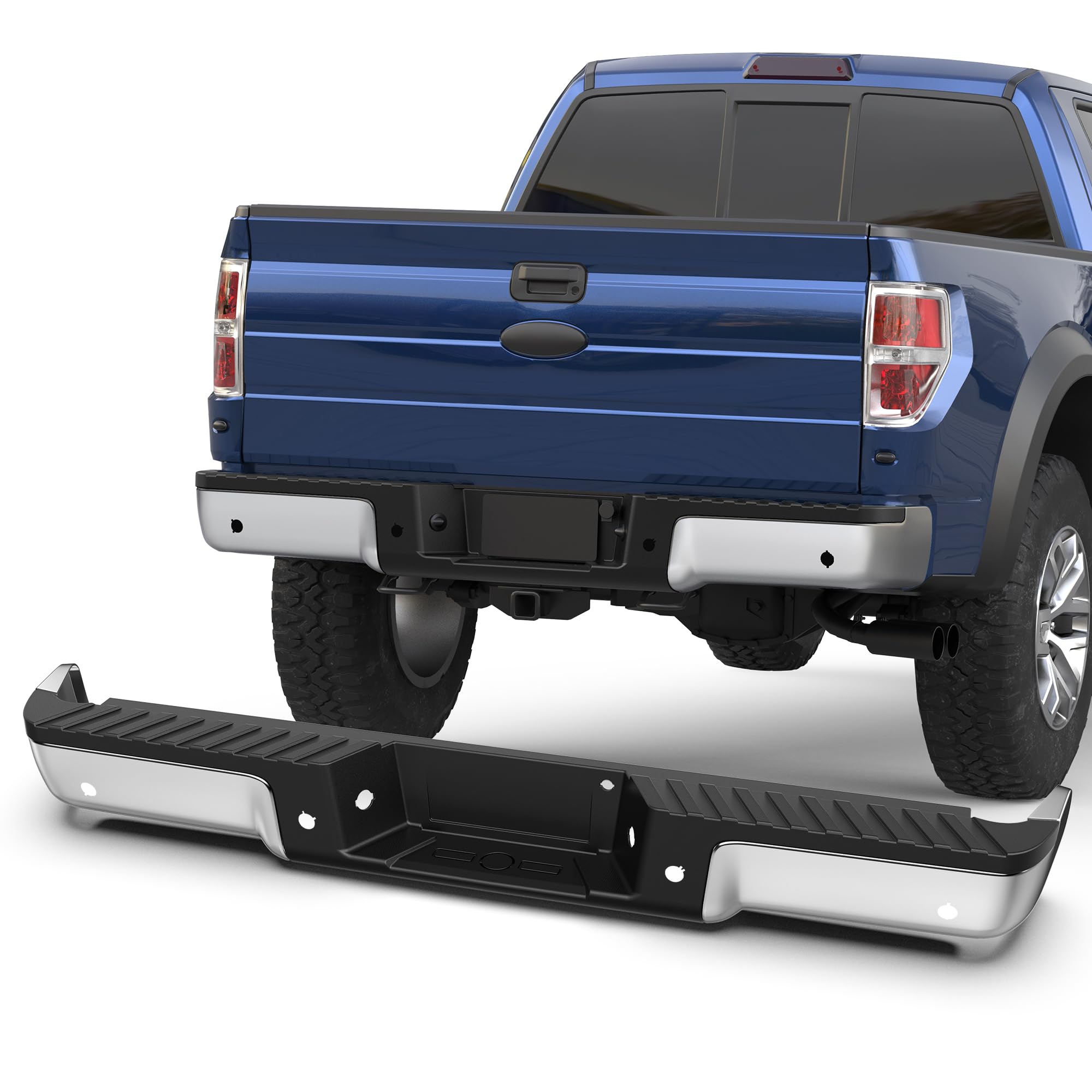 Photo 1 of KUIPERAUTO Rear Steel Bumpers Assembly Compatible for 2009-2014 Ford F-150 F150 Pickup WITH Parking Sensor Holes Complete Back Bumpers FO1103160 -Chrome