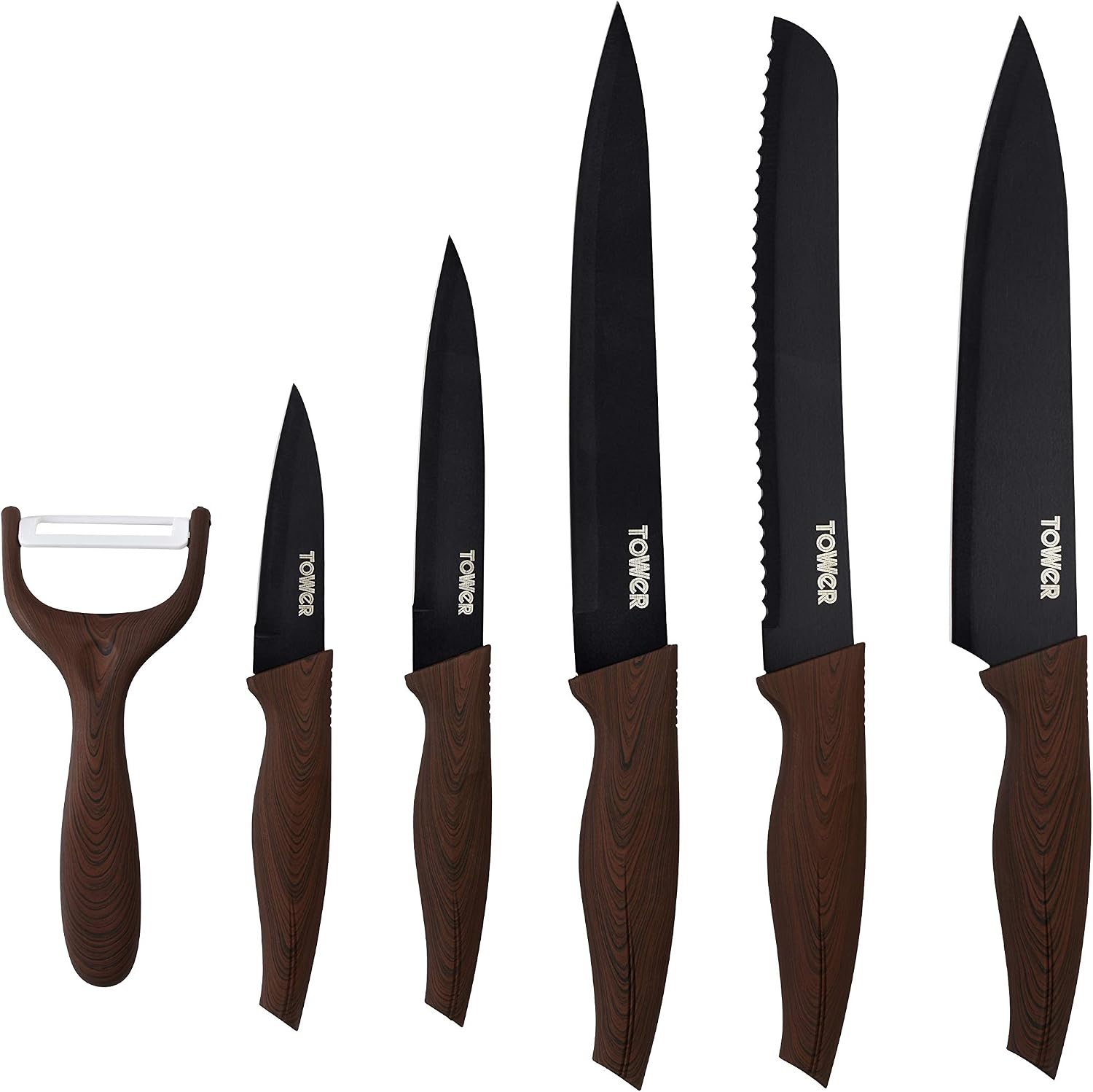 Tower T81536WT Kitchen Knife Set, Soft Touch Wood Effect Handles with Non Stick Coated Stainless Steel Blades, Walnut, 6-Piece