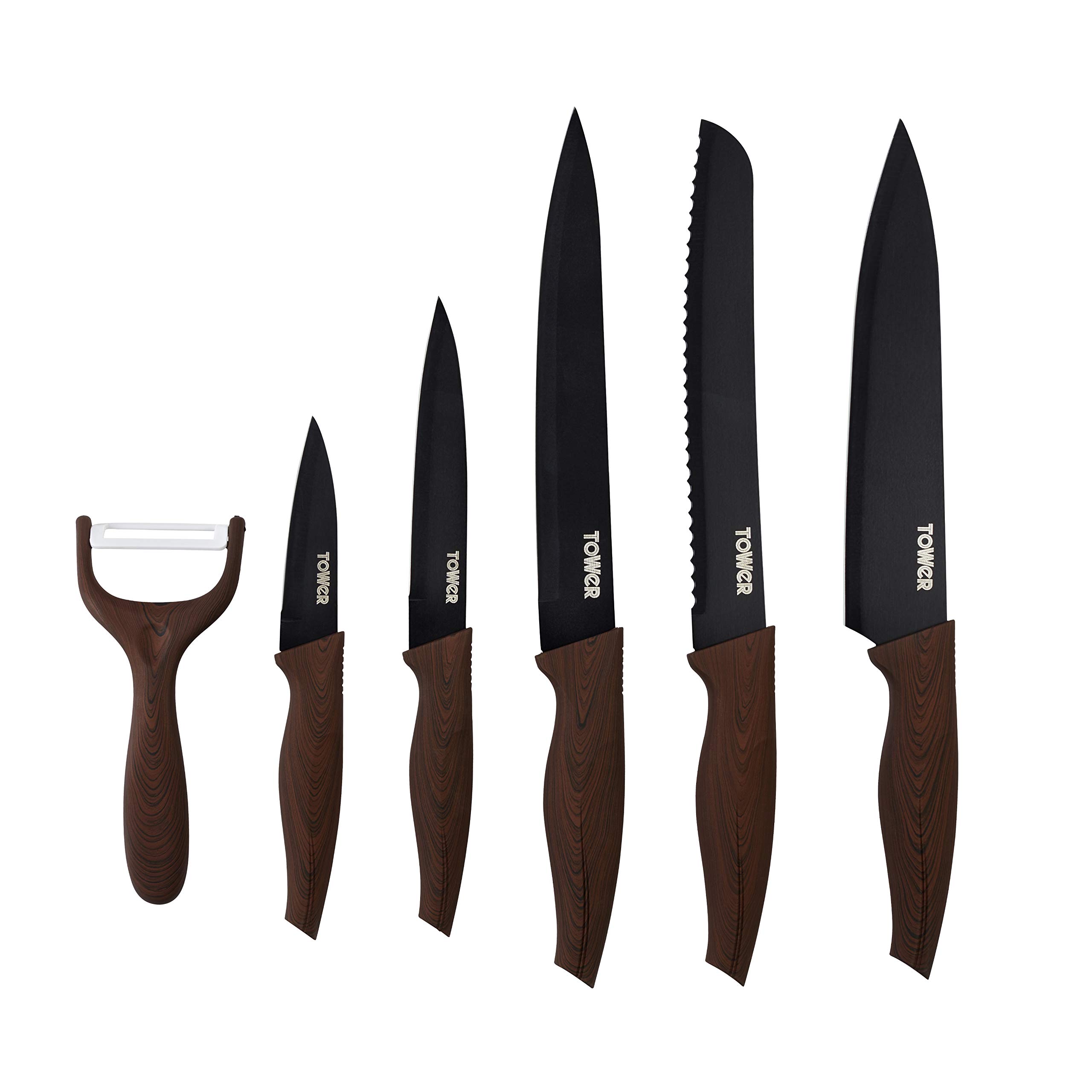 Tower T81536WT Kitchen Knife Set, Soft Touch Wood Effect Handles with Non Stick Coated Stainless Steel Blades, Walnut, 6-Piece