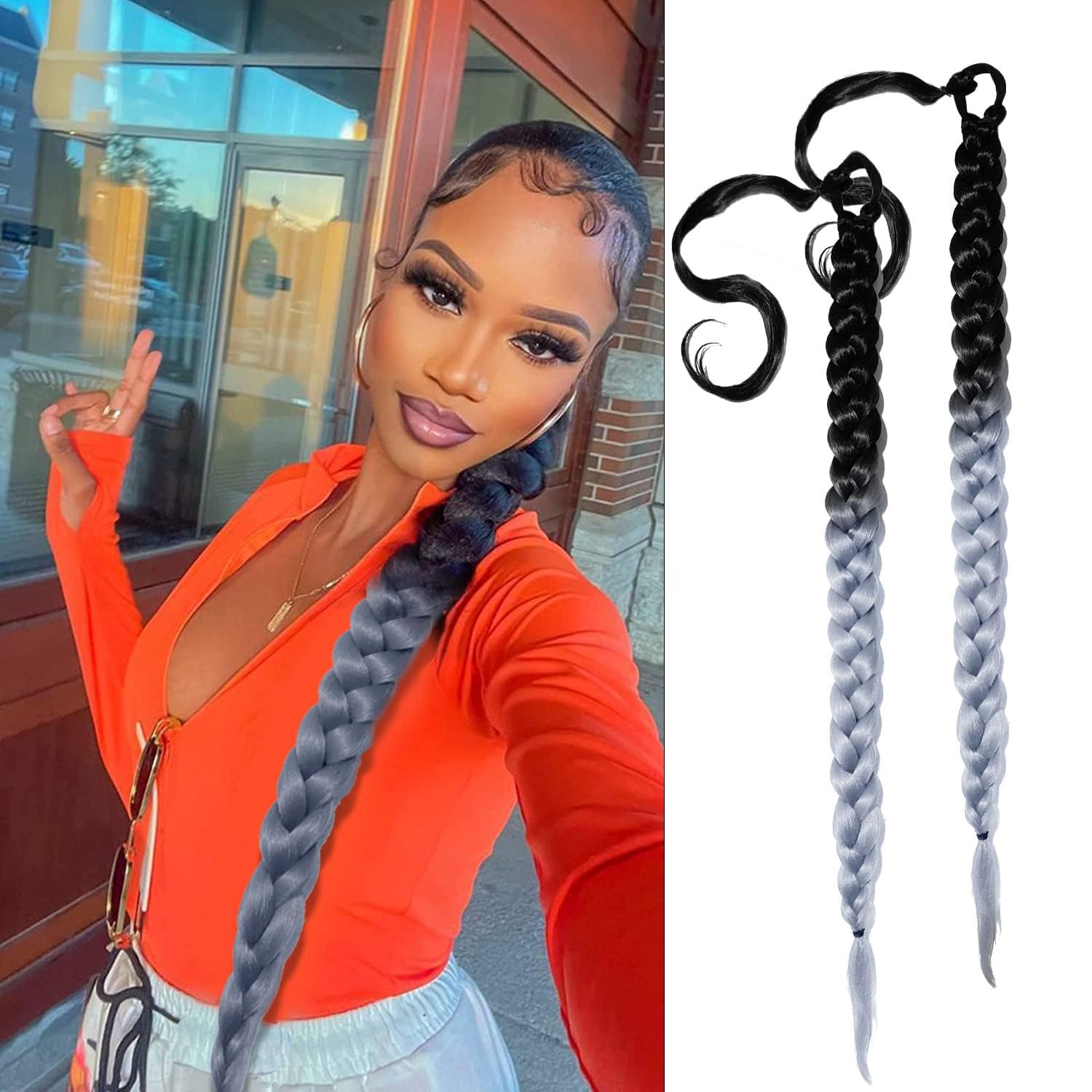 2 Packs Long Braided Ponytail Extension For Black Women Soft Synthetic Hair Piece For Women with Hair Tie Straight Wrap Around Ponytail Braided Hair Extensions pre Stretched (1b-gray)