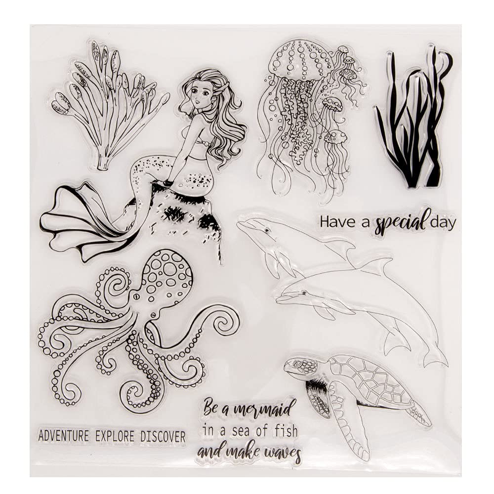 arriettycraft Seaworld Mermaid Clear Stamps Jellyfish Octopus Dolphin Turtle Sea Weed Rubber Stamps for Card Making Journals Gift Tags Albums Scrapbooking Paper Craft Decoration