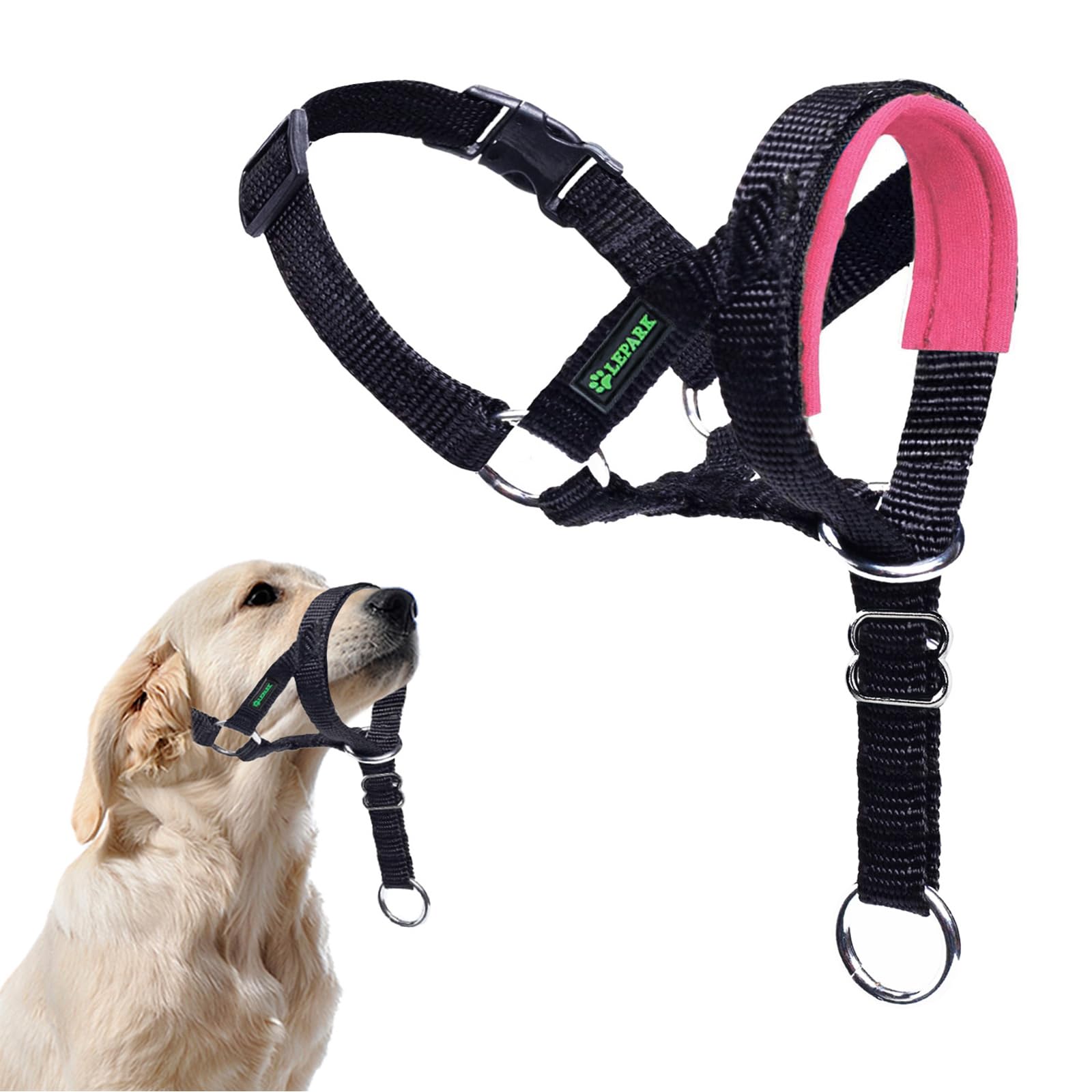 ILEPARK Dog Head Collar with Safety Strap, Head Harness for Dogs to Stop Pulling, Easy to Use, Adjustable & Reflective (M, Pink)