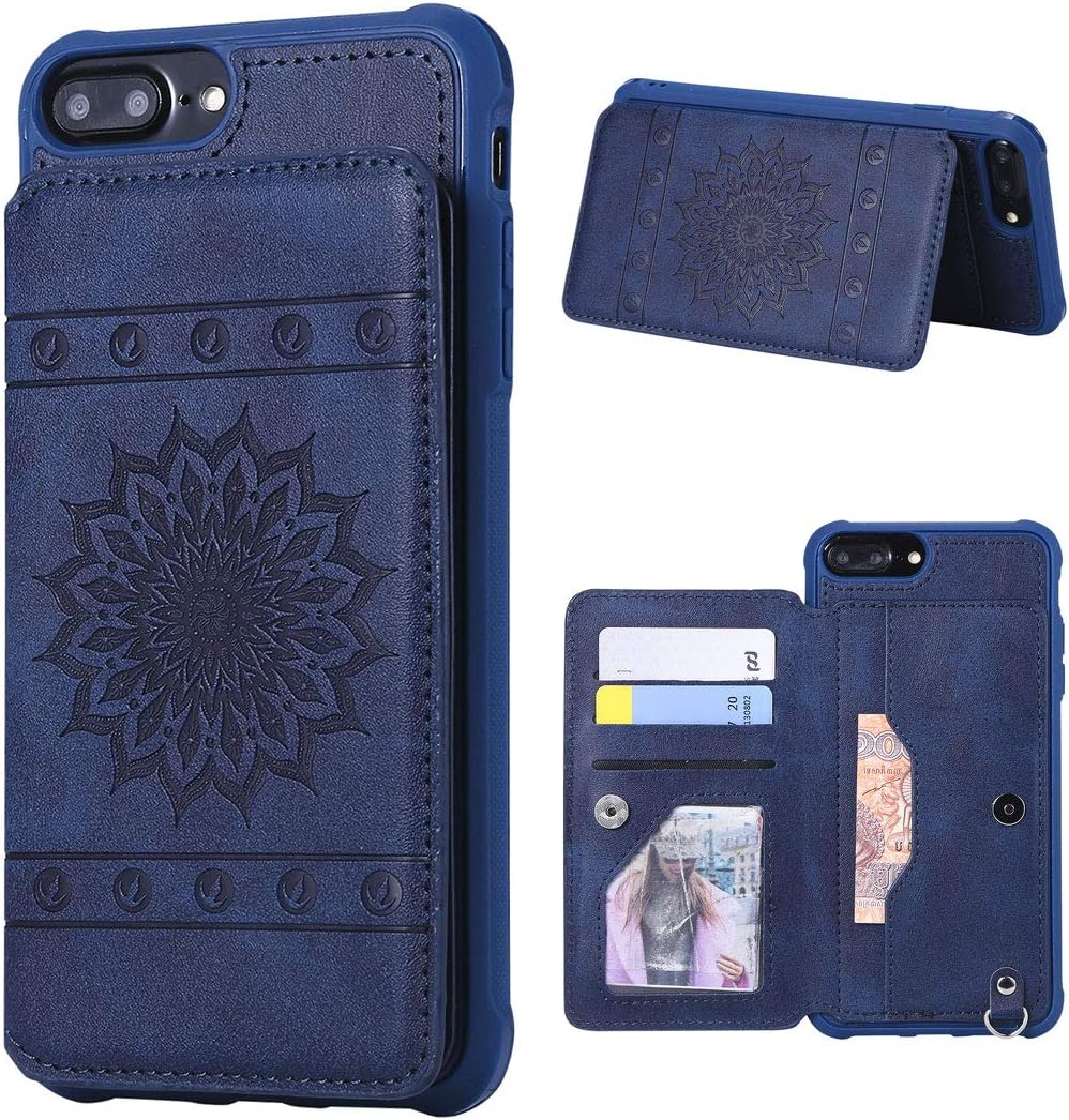 iPhone 5.5 Inch Leather Mobile Phone Case Flip Wallet Slim Case Back Cover Shell with Stand Credit Card Compartment Wallet Money Clip Leather Case Mandala for iPhone 6Plus/7 Plus/8 Plus blue