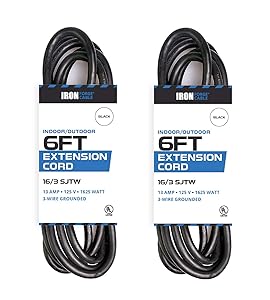 2 Pack of 6 Ft Outdoor Extension Cords - 16/3 Heavy Duty Black Extension Cord Pack