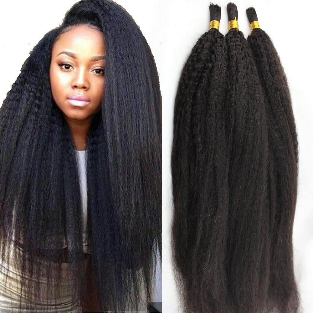 Atina Hair Kinky Straight Bulk Human Hair For Braiding Brazilian Virgin Hair Italian Coarse Yaki Crochet Braid Bulk No Attachment Unwefted (24 26 28)