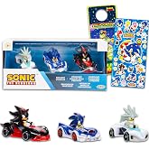 Sonic The Hedgehog Racing Toys Set - 3 Car Bundle with 6" Racing Pull Back Action Vehicles Featuring Shadow, Silver Plus Stickers, More | Sonic The Hedgehog Racecar Toys