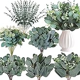 WONICE 120 Pcs 6 Kinds Mixed Eucalyptus Leaves Stems Bulk Artificial Silver Dollar Leaves Picks Dried Eucalyptus Bundle Faux Spray for Wedding Vase Bouquet Decor (Eucalyptus Leaves Stems-120)