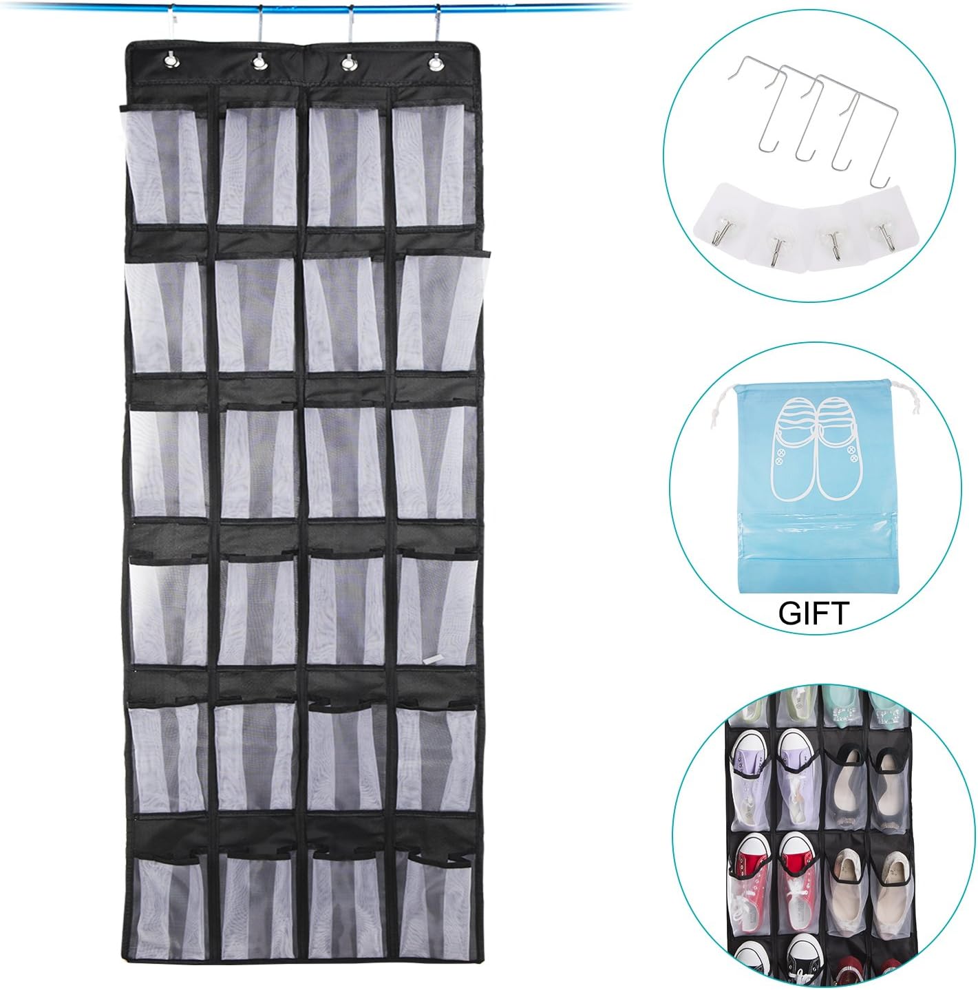 Hanging Shoe Storage,Meepo Black Oxford Over The Door Shoe Organiser Heavy Duty Shoe Rack with 24 Mesh Pockets Storage for Closet,4 Hooks (BLACK THICK 600D OXFORD FABRIC)