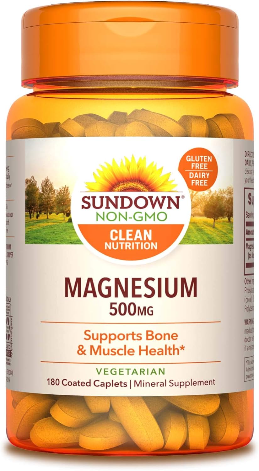 Sundown Magnesium, 500 mg (180 Coated Caplets) Mineral Supplement, Meets Daily Recommended Intake (Packaging May Vary), Vegetarian, Non-GMOˆ, Free of Gluten, Dairy, Artificial Flavors: Health & Personal Care