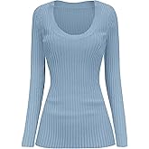 v28 Women Scoop Neck U-Neck Knit Long Sleeve Slim Fit Ribbed Sweater Tops