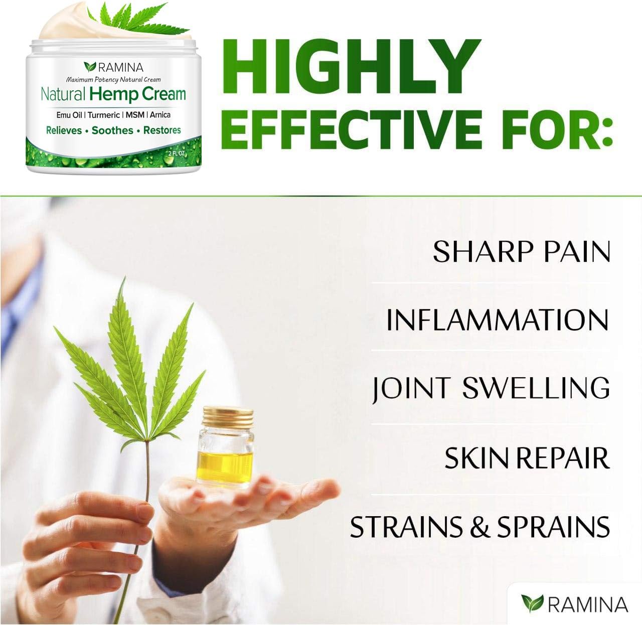 Ramina Natural Hemp Extract Pain Relief Cream - Made in USA - Potent Turmeric, MSM & Arnica - Relieves Inflammation, Muscle, Joint, Back, Knee, Nerves & Arthritis Pain - Non-GMO - 2 fl. oz: Health & Personal Care