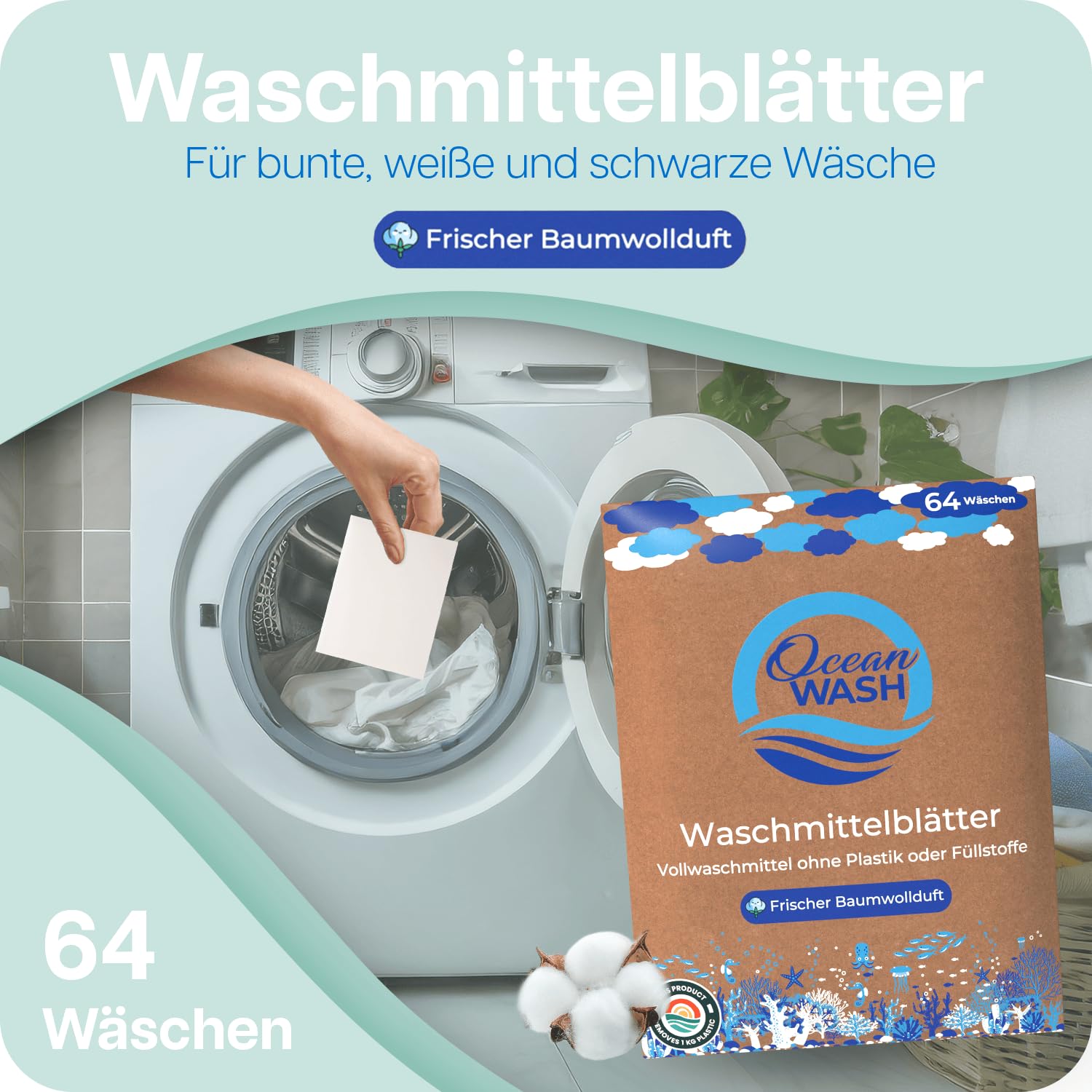 OceanWash Waschmittelblätter für 64 Wäschen biologisch abbaubar & mit Frischeduft - Waschmittel Blätter für alle Textilien und Farben - Waschblätter für die Waschmaschine mit Vollwaschmittel 2