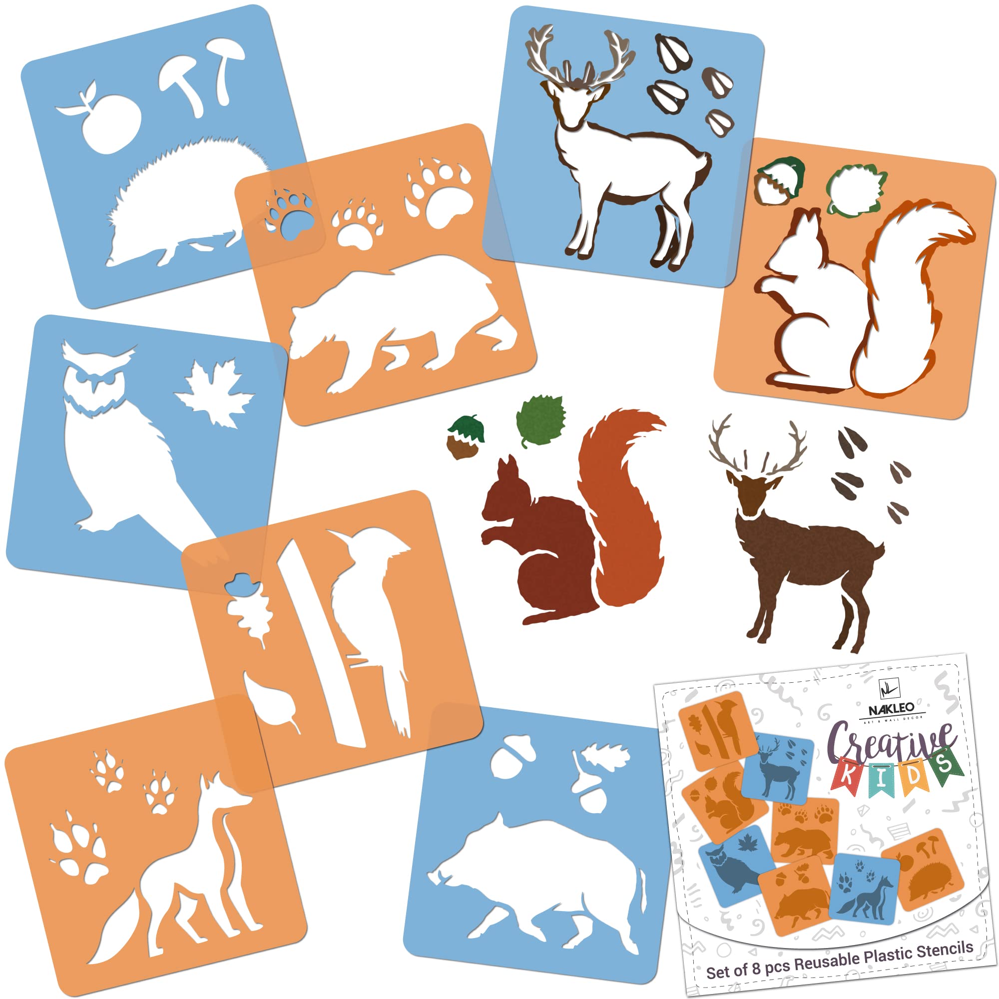 NAKLEO Painting Stencils for Kids, 8 Pcs Set 15x15cm Forest Animals, Children Creative Drawing Templates Plastic and Reusable, DIY Decoration Arts and Crafts, Paper Wall Wood Fabric