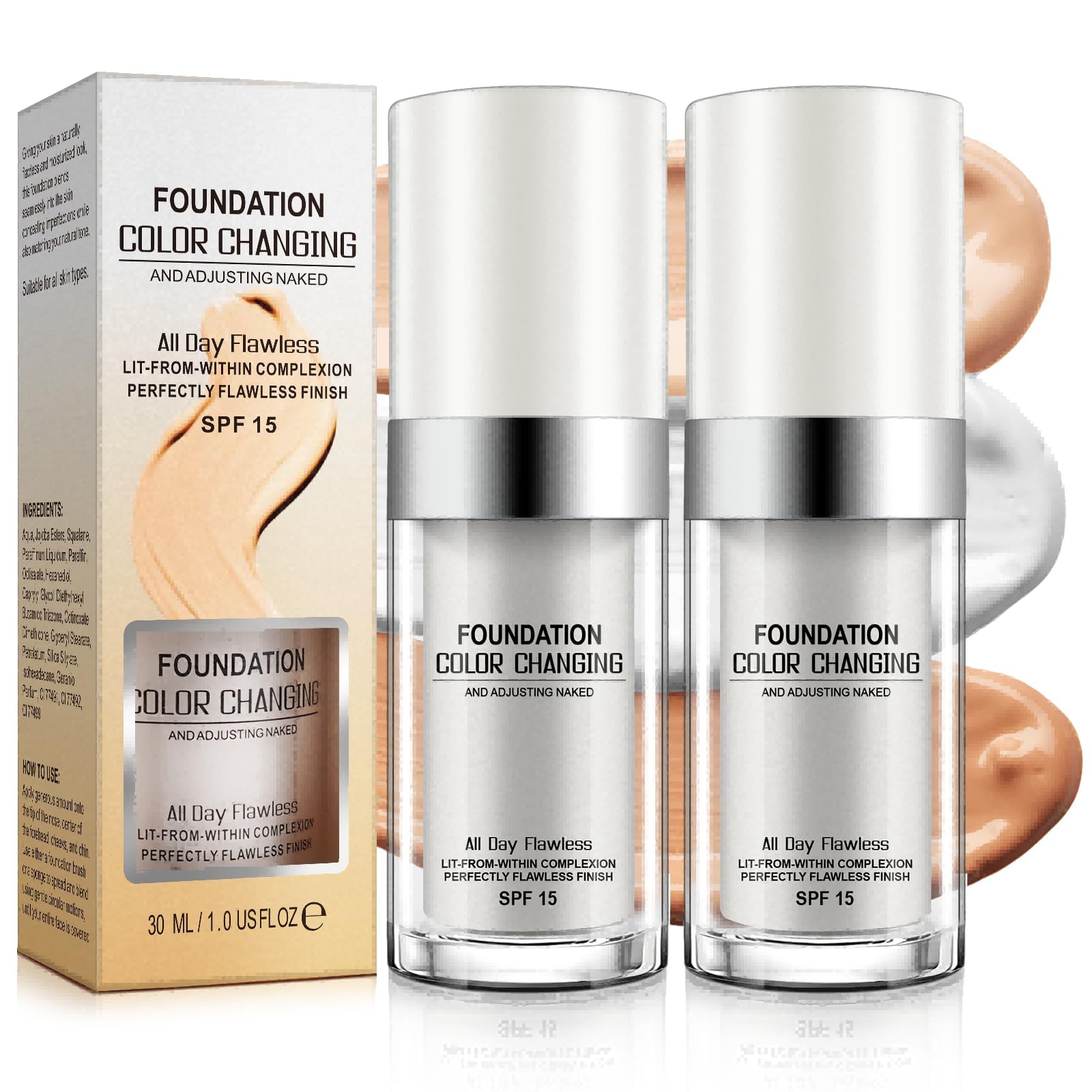 Photo 1 of 2 Pack Color Changing Foundation - Conceals Blemishes and freckles Liquid Makeup for All Skin Types, Lightweight Medium Coverage, Professional Makeup for Flawless Skin, 30ml