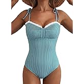 Herseas Women’s Striped One Piece Swimsuits Tie Shoulder High Cut Tummy Control Bathing Suit 2026 Summer Beach Swimwear