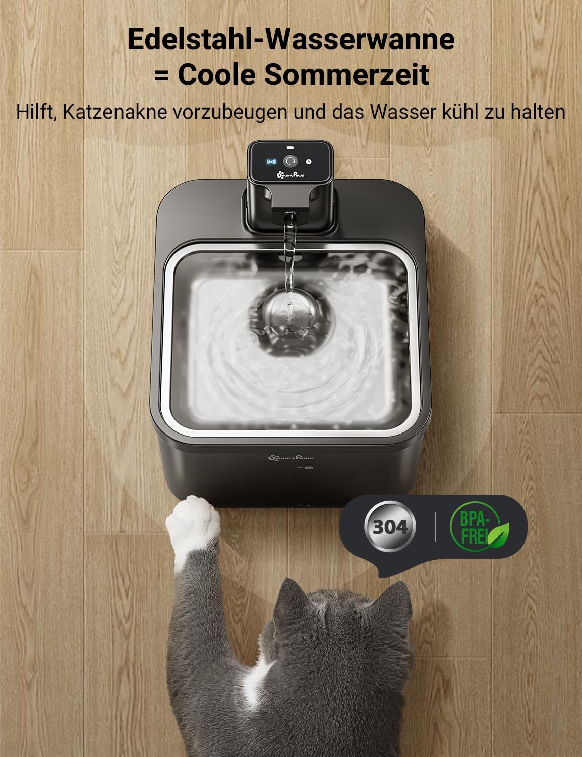 DownyPaws 2.5L Trinkbrunnen für Katze Kabellos, Katzenbrunnen Kabellos mit Bewegungsmelder, Batteriebetrieben Katzentrinkbrunnen, 4000mAh, Leise Wasserpumpe, Tablett aus Edelstahl für Katze, Schwarz 7