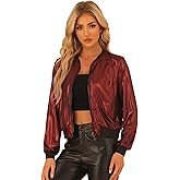 Allegra K Women's Halloween Jacket Sparkly Crew Neck Long Sleeve Holographic Lightweight 90S Shiny Metallic Bomber Jackets Medium Red