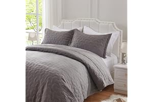 NexHome Queen Quilt Set Lightweight Bedspreads Soft Microfiber Reversible Quilted Bed Cover Gray Modern Style Leaf Pattern Bedding Set for All Season 3 Pieces (1 Quilt, 2 Pillow Shams)