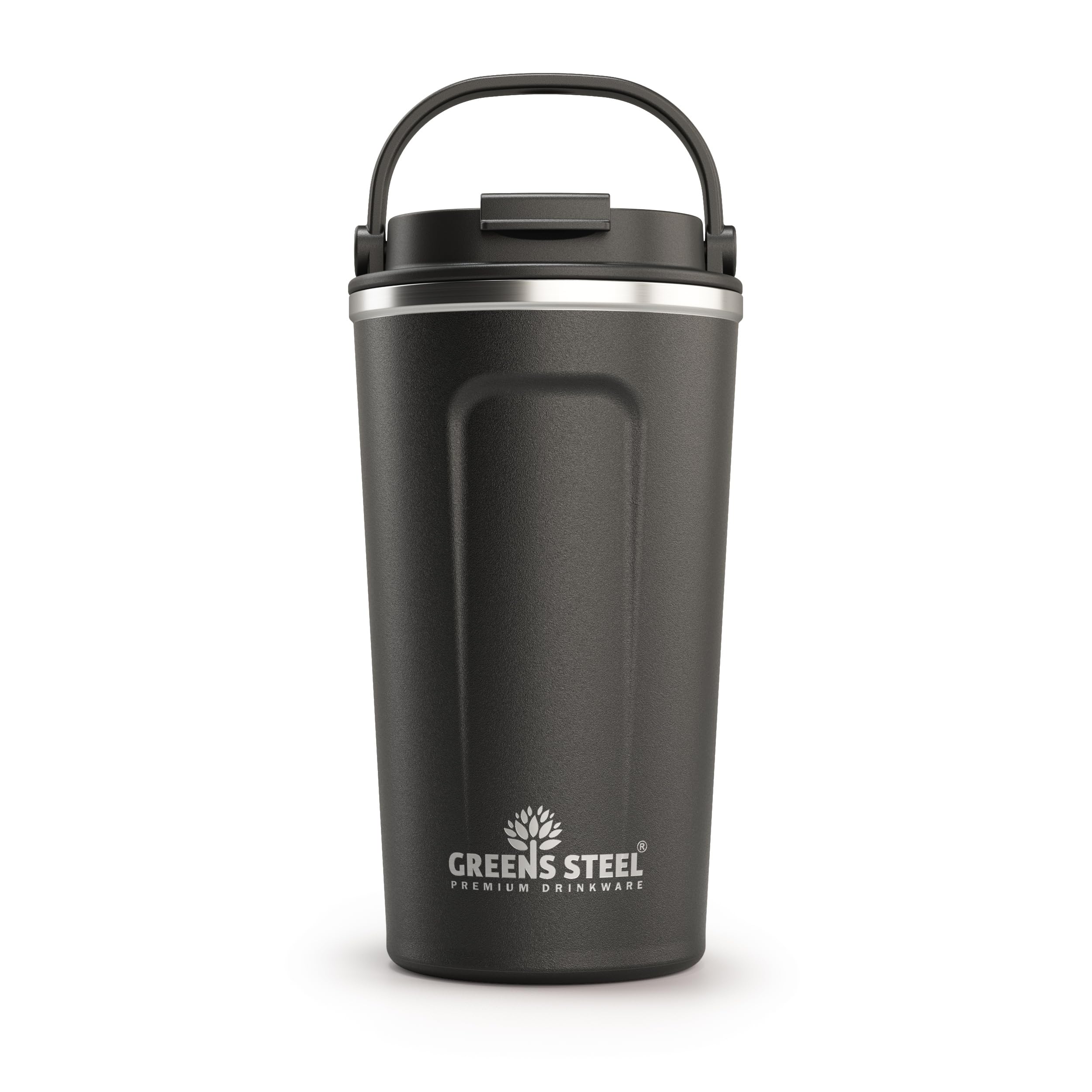 Greens Steel Reusable Coffee Cup - 480 ml (16 oz) Black | Travel Mug with Lid & Handle | Stainless Steel Insulated Flask for Hot & Cold Drinks | Leak Proof Tumbler for Tea, Coffee, Iced Drinks