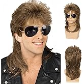 Sallcks Mens Mullet Wigs Brown Curly 70s 80s Retro Cosplay Costume Wig Rocker Disco Fancy Show Wigs - Light Brown