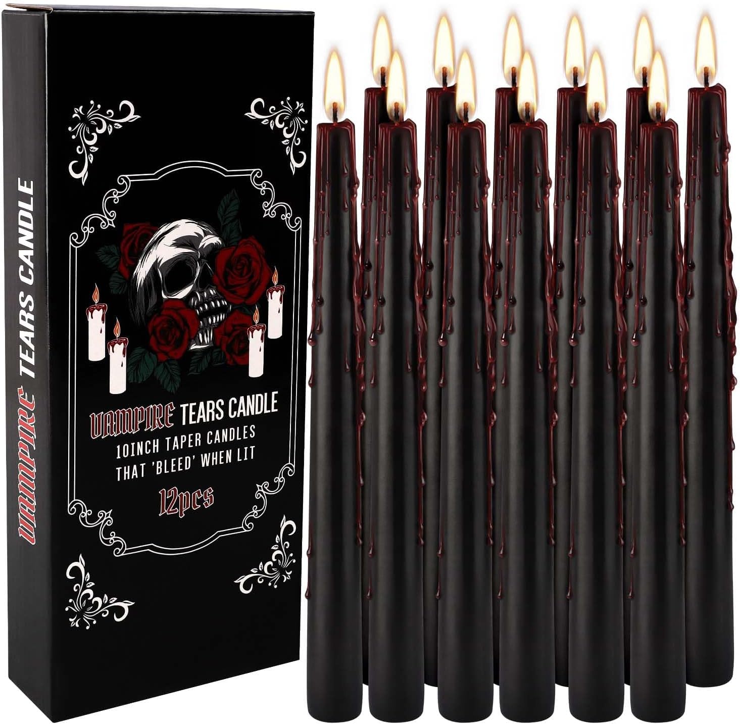 Photo 1 of YOROXRG 12PCS 10-Inch Black Bleeding Taper Candles,Vampire Tears Taper Candles- Unscented Ideal for Halloween, Christmas, Rituals, and Themed Party Decor