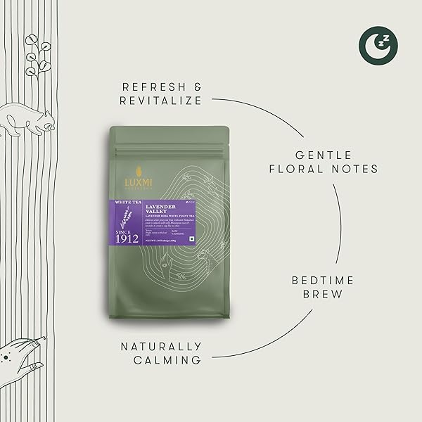 LUXMI ESTATES LAVENDER VALLEY ORGANIC LAVENDER TEA (50 TEA BAGS) LOW CAFFEINE TEA BAGS FOR SLEEP, RELAXING, CALMING, AND STRESS RELIEF, WITH CERTIFIED ORGANIC DARJEELING MAKAIBARI WHITE TEA