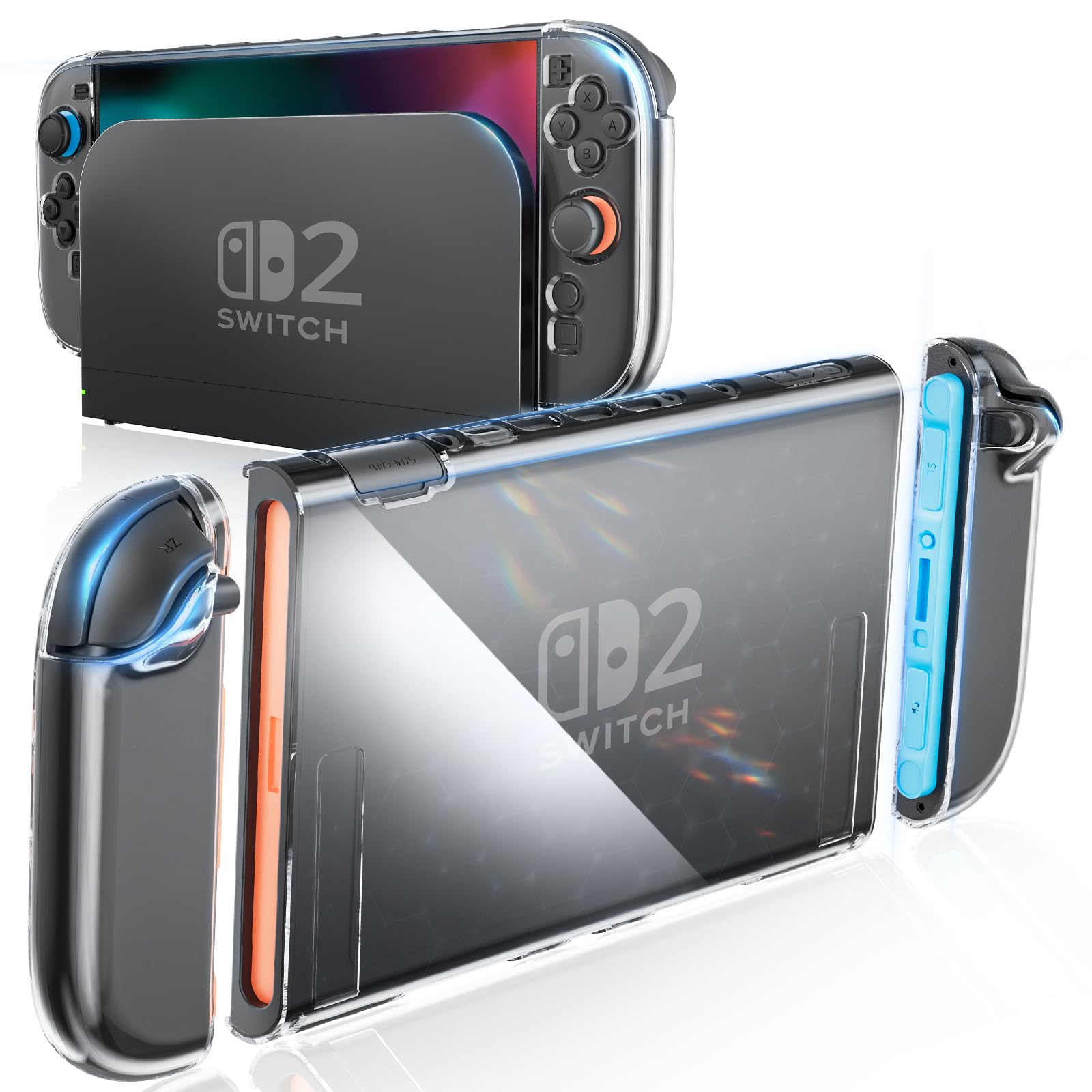HEYSTOP Switch 2 Clear Case Compatible with Nintendo Switch 2, Switch 2 Dockable Case with 4K HD Screen Protector, PC Protective Cover with Joy-Con Grips and 6 Thumb Grips