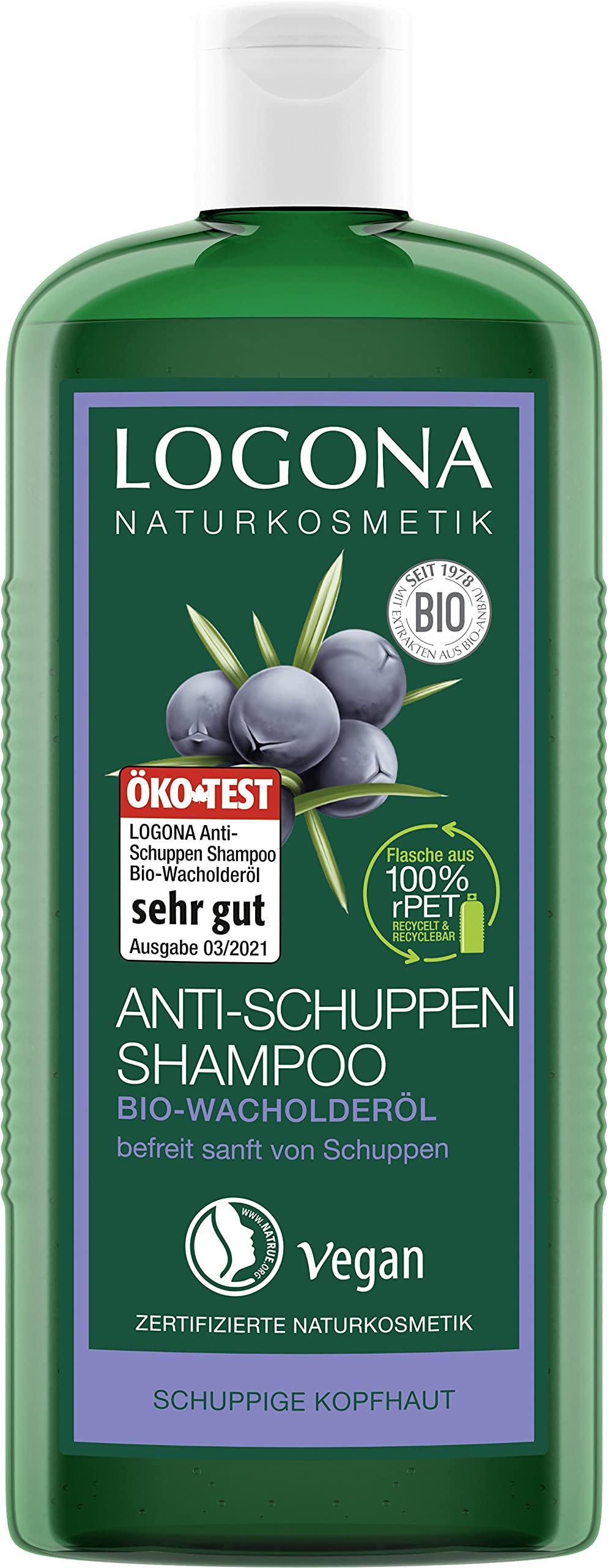 LOGONA Naturkosmetik Anti-dandruff shampoo for naturally healthy hair, suitable for flaky scalp, hair shampoo with vegan formula made of organic juniper oil, 1 x 250 ml