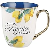 Christian Art Gifts Large Ceramic Inspirational Scripture Coffee & Tea Mug for Women: Rejoice Always Encouraging Bible Verse, Yellow Lemon, Cute Gold Novelty Drinkware Cup, Navy Blue & White, 14 oz.