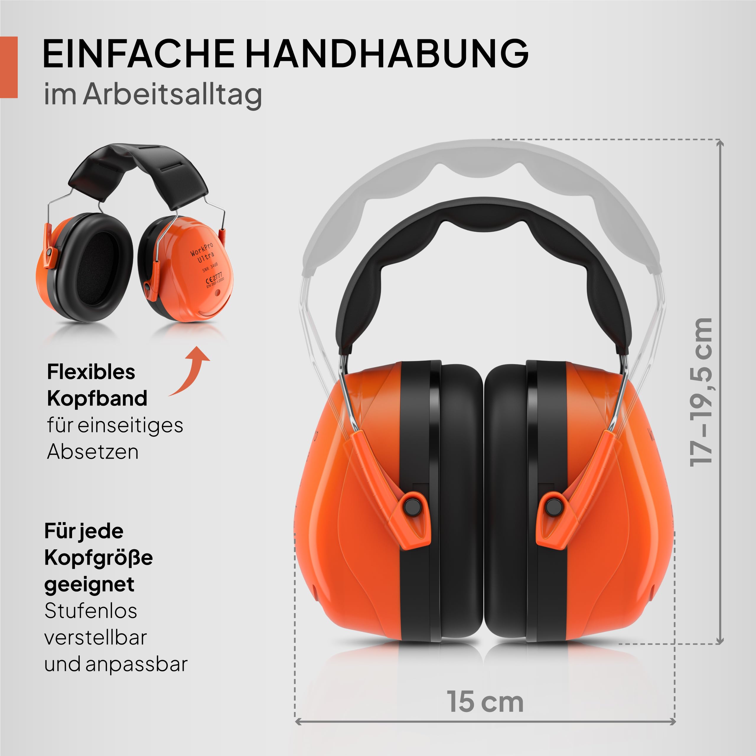 Senner ® WorkPro Ultra | Gehörschutz für Arbeit und Freizeit – Größenverstellbare Ohrenschützer - Hochwertige Lärmschutz Kopfhörer mit SNR von 34 dB - Kapselgehörschutz Schwarz/Orange - Unisex 6