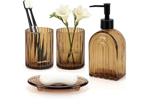 Topsky 4 Pcs Glass Bathroom Accessories Set,13oz Liquid Arch Design Hand Soap Dispenser with Stripe Toothbrush Holder,Mouthwa