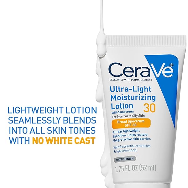 CERAVE ULTRA-LIGHT MOISTURIZING LOTION WITH SPF 30, DAILY FACE MOISTURIZER WITH SPF, FORMULATED WITH HYALURONIC ACID & CERAMIDES, BROAD SPECTRUM SPF, OIL FREE, MATTE FINISH, 1.7 OUNCE